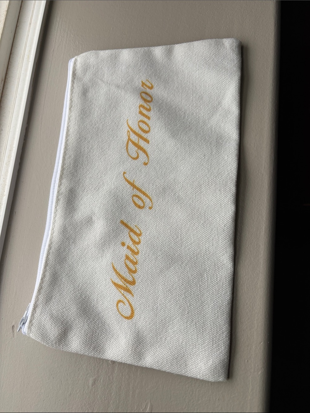 Maid of Honor White Canvas Zip Pouch with Gold Script